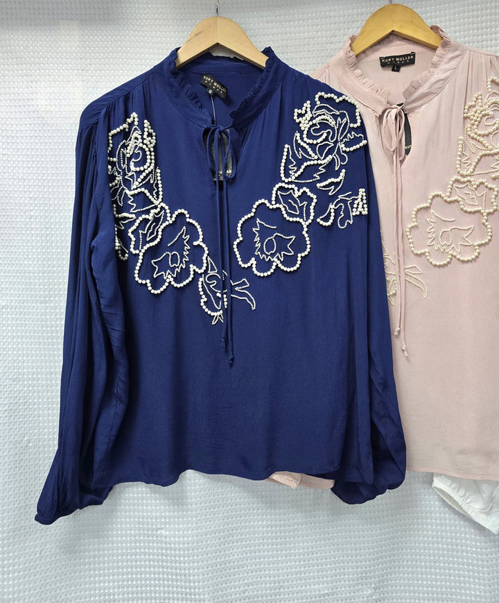 Frill Neck Pearl Detail Chiffon Tie Blouse (3P.PACK) - jqwholesale.com