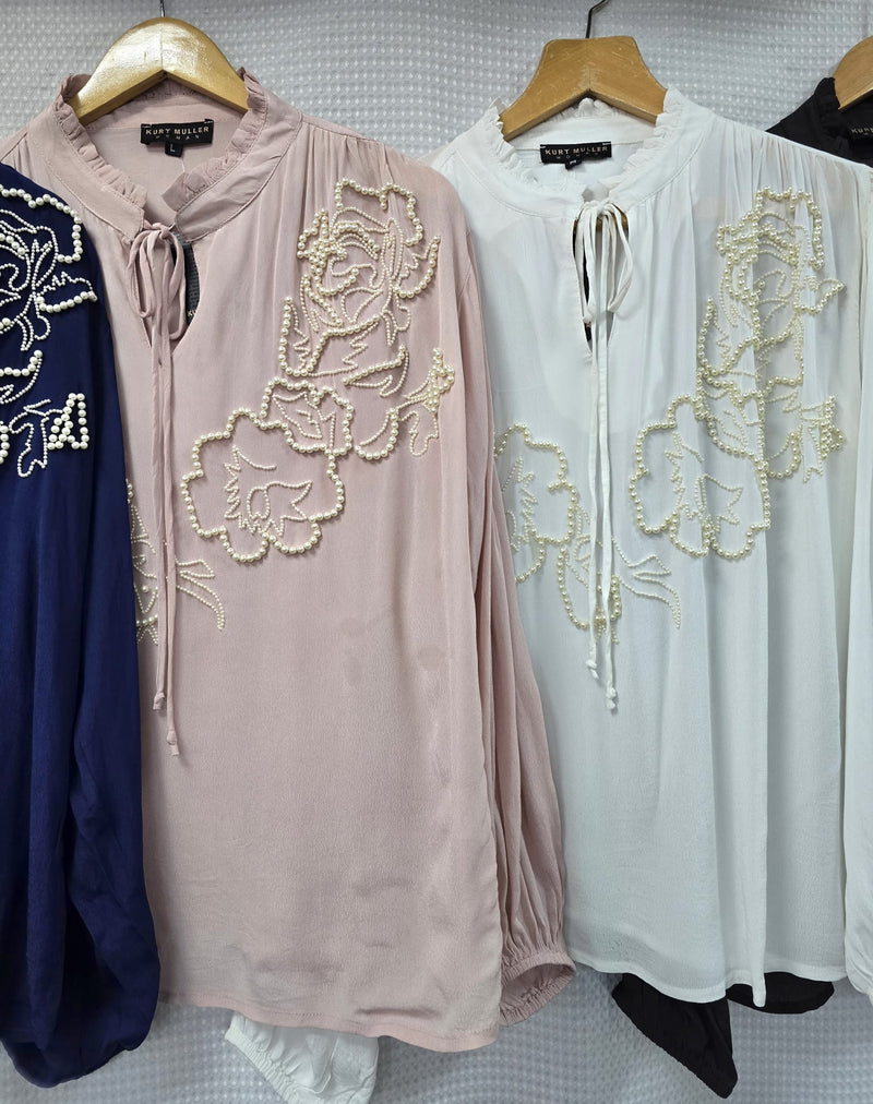 Frill Neck Pearl Detail Chiffon Tie Blouse (3P.PACK) - jqwholesale.com