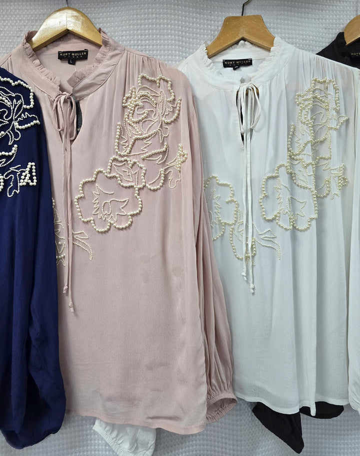 Frill Neck Pearl Detail Chiffon Tie Blouse (3P.PACK) - jqwholesale.com