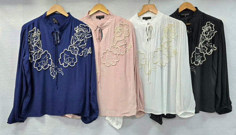 Frill Neck Pearl Detail Chiffon Tie Blouse (3P.PACK) - jqwholesale.com