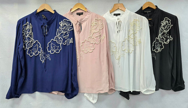 Frill Neck Pearl Detail Chiffon Tie Blouse (3P.PACK) - jqwholesale.com
