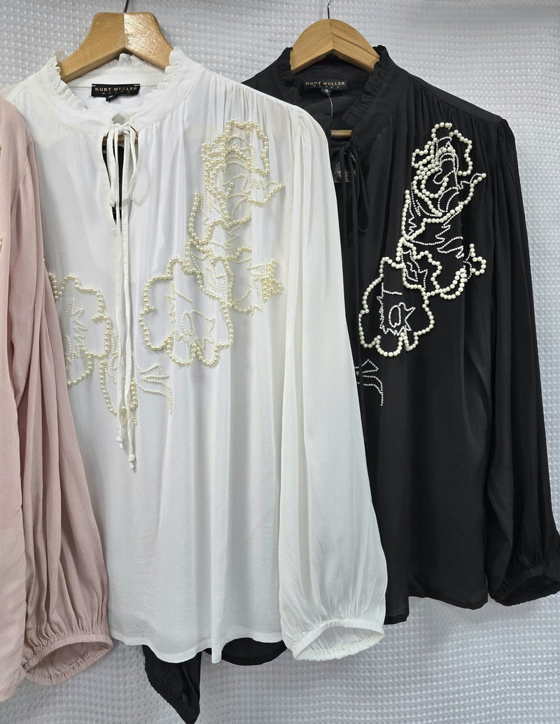 Frill Neck Pearl Detail Chiffon Tie Blouse (3P.PACK) - jqwholesale.com