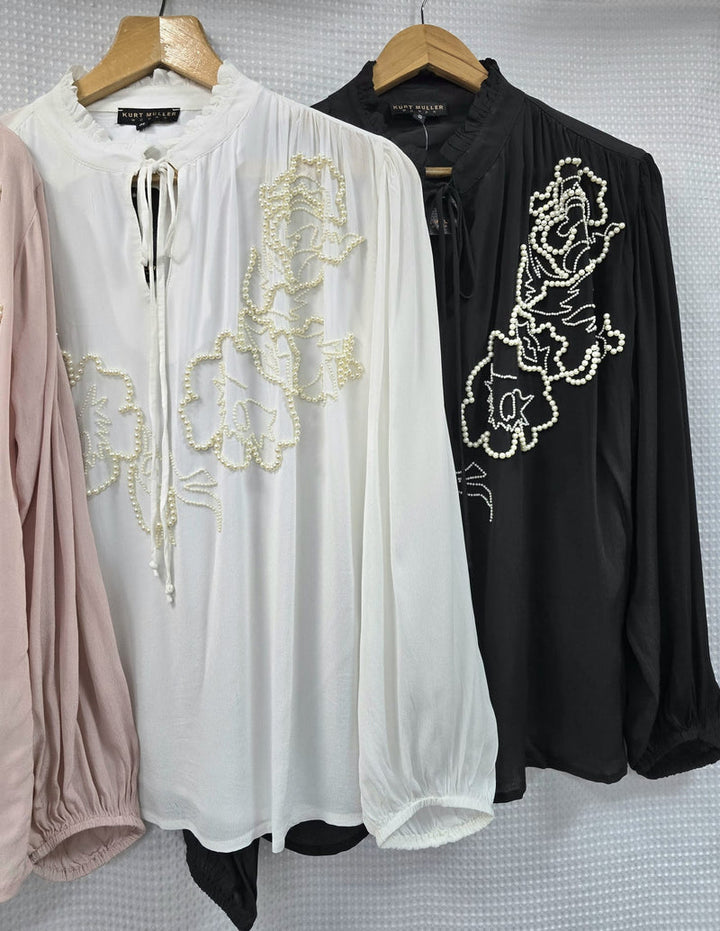 Frill Neck Pearl Detail Chiffon Tie Blouse (3P.PACK) - jqwholesale.com