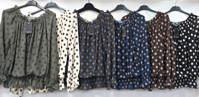 Polka Dot Print Bardot Frill Blouse - jqwholesale.com