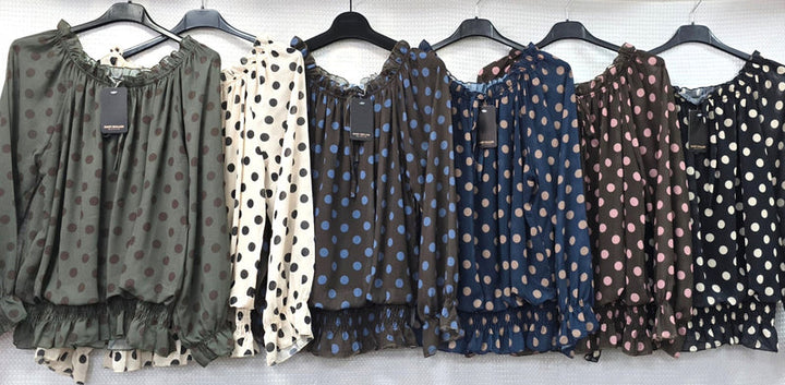 Polka Dot Print Bardot Frill Blouse - jqwholesale.com
