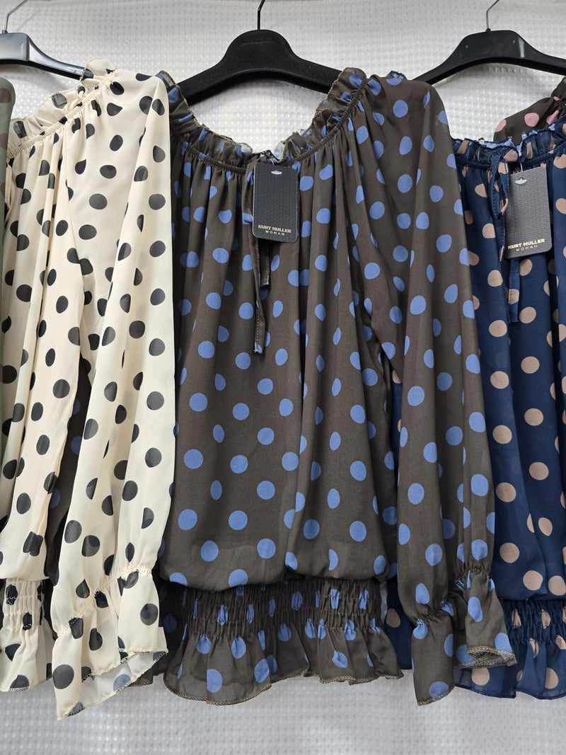 Polka Dot Print Bardot Frill Blouse - jqwholesale.com
