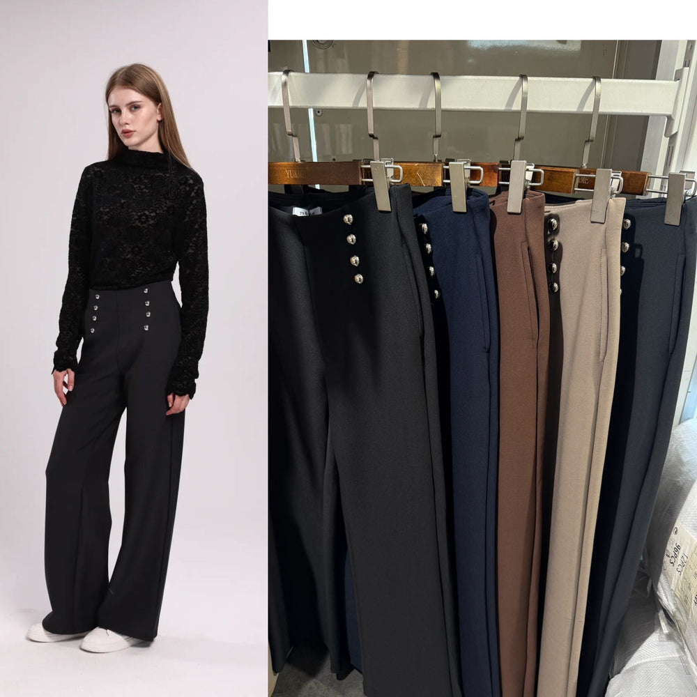 Silver Button Wide Leg Bi Stretch Trousers (4P.PACK) - jqwholesale.com