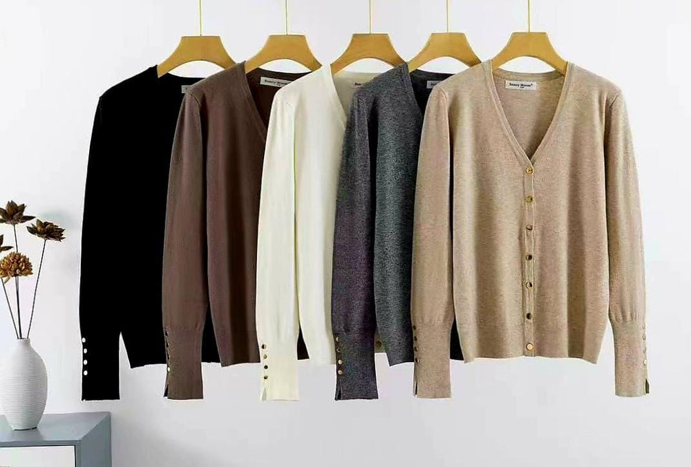 V Gold Button Cuff Fine Knit Cardi (2P.PACK) - jqwholesale.com