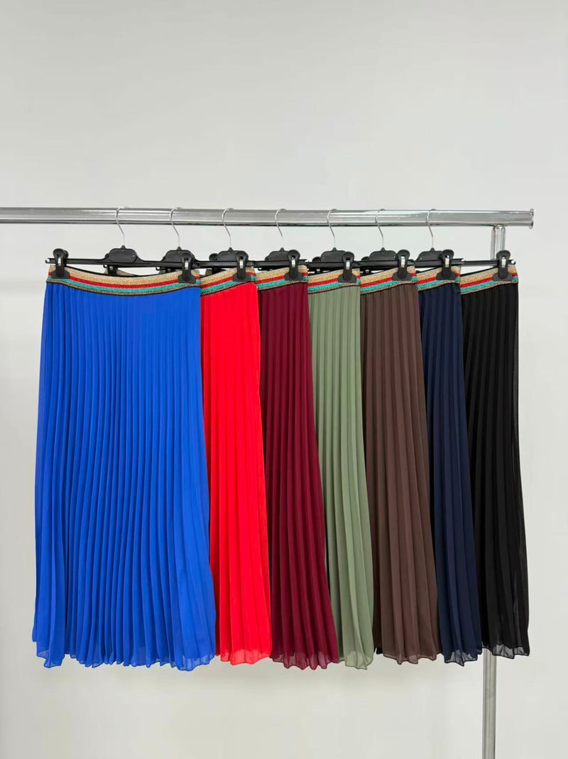 Pleated Midi Skirt with Rainbow Elasticated Waistband - jqwholesale.com