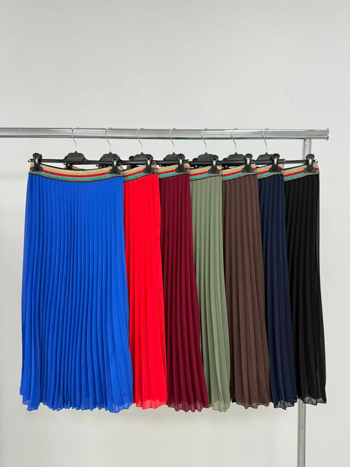 Pleated Midi Skirt with Rainbow Elasticated Waistband - jqwholesale.com