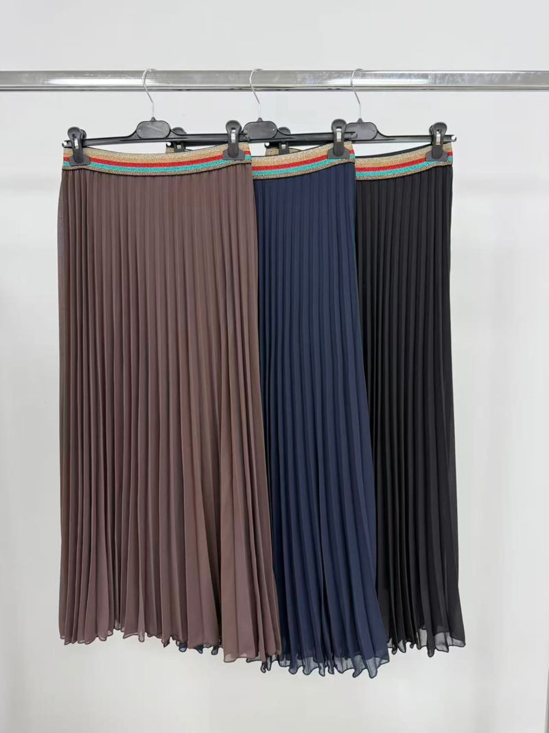 Pleated Midi Skirt with Rainbow Elasticated Waistband - jqwholesale.com