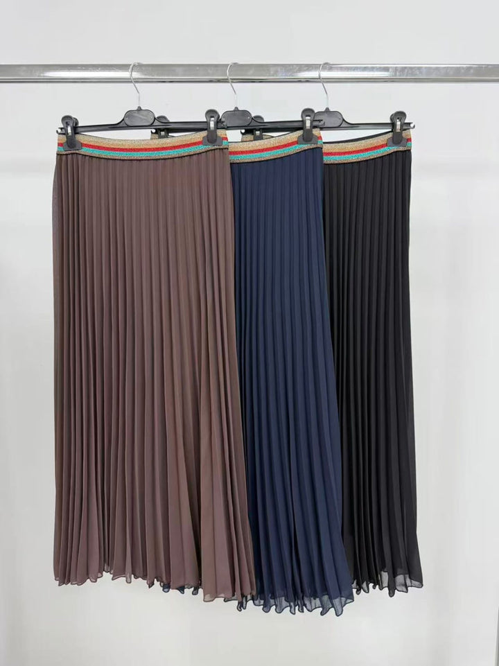 Pleated Midi Skirt with Rainbow Elasticated Waistband - jqwholesale.com