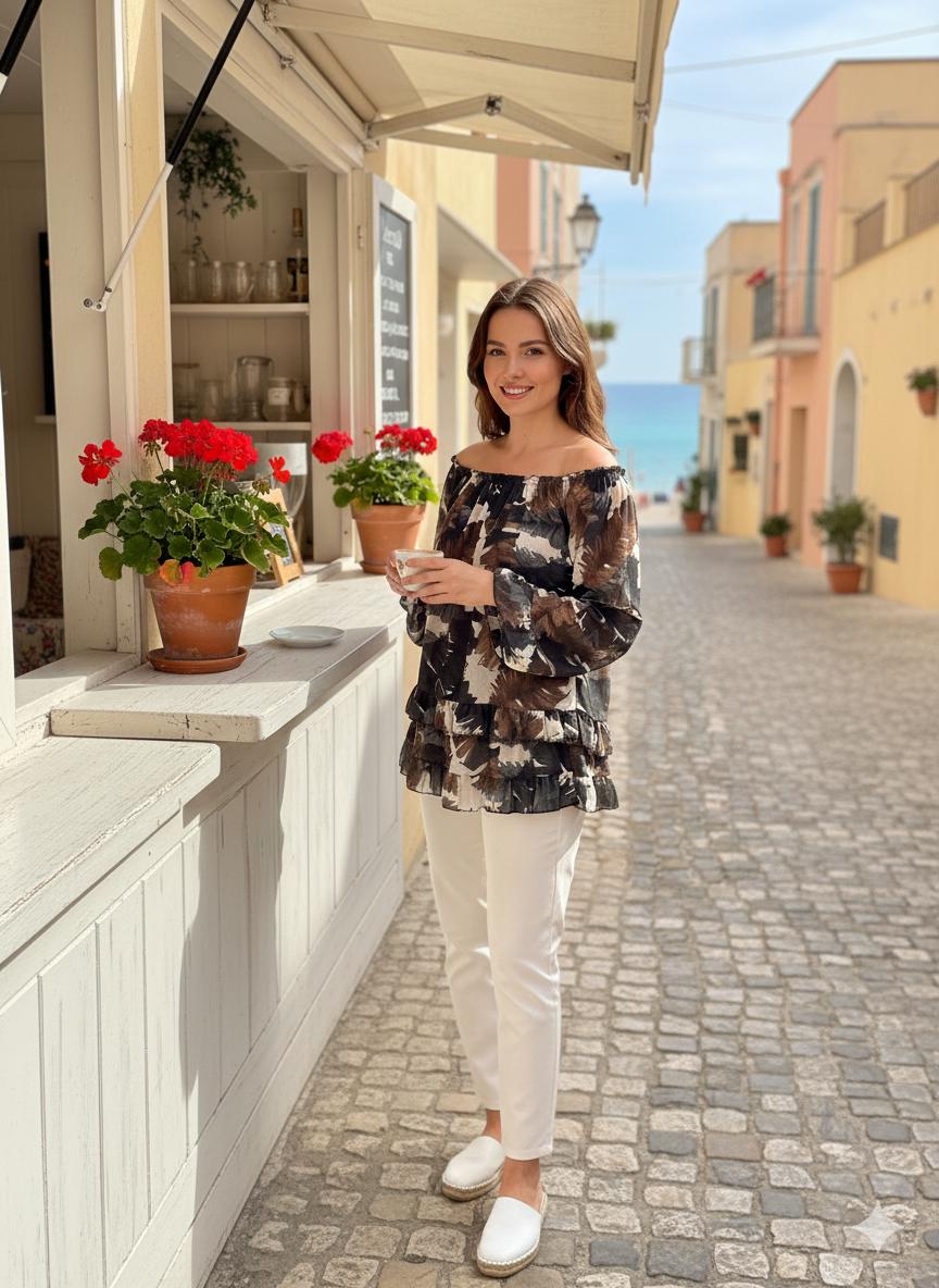 Frilled Hem Palm Feather Bardot Blouse - jqwholesale.com