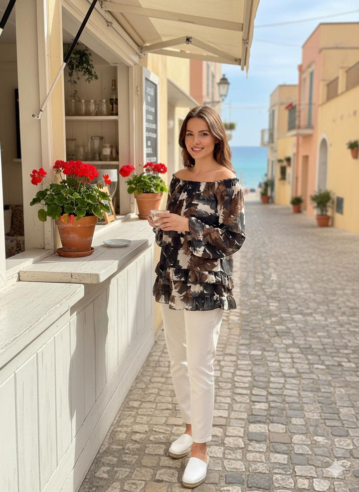 Frilled Hem Palm Feather Bardot Blouse - jqwholesale.com
