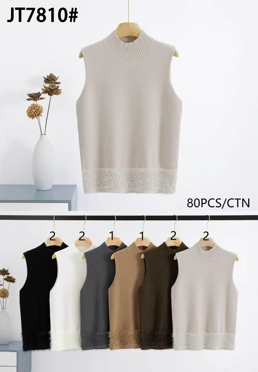 Ribbed Turtle Neck Sleeveless Knit Vest with Faux Fur Trim (2p.pack)