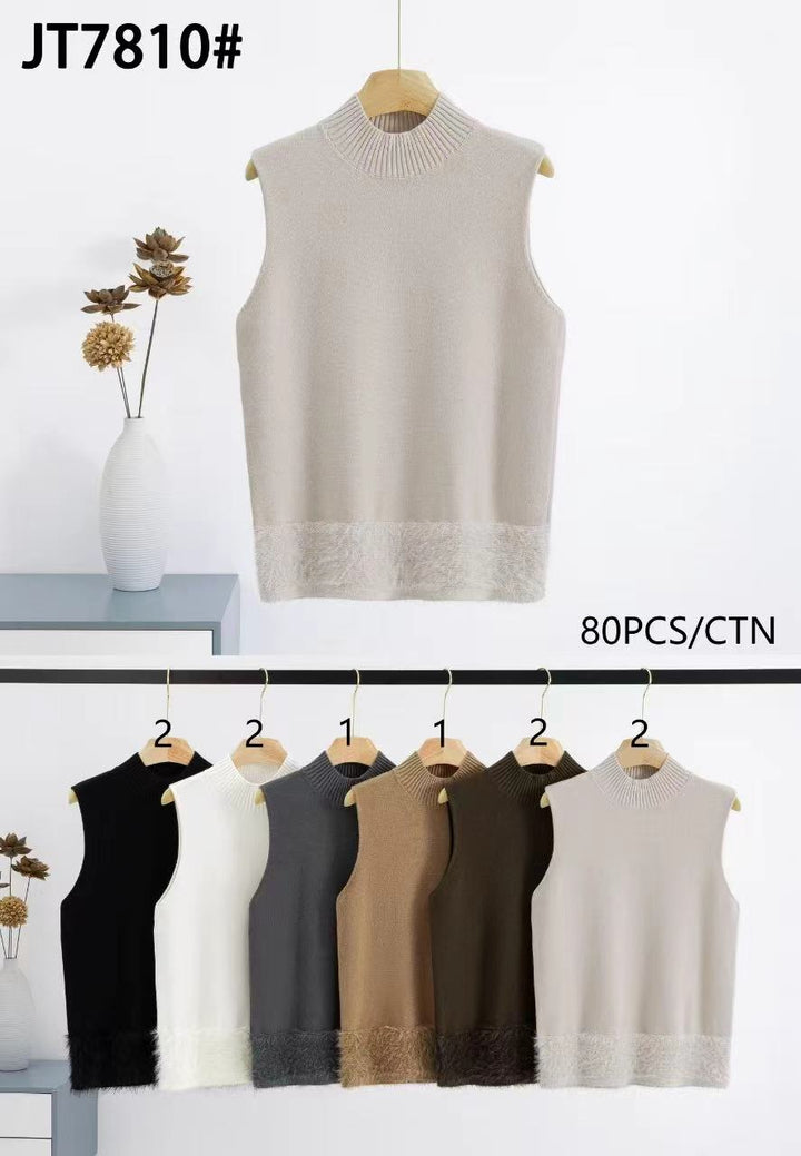 Ribbed Turtle Neck Sleeveless Knit Vest with Faux Fur Trim (2p.pack)