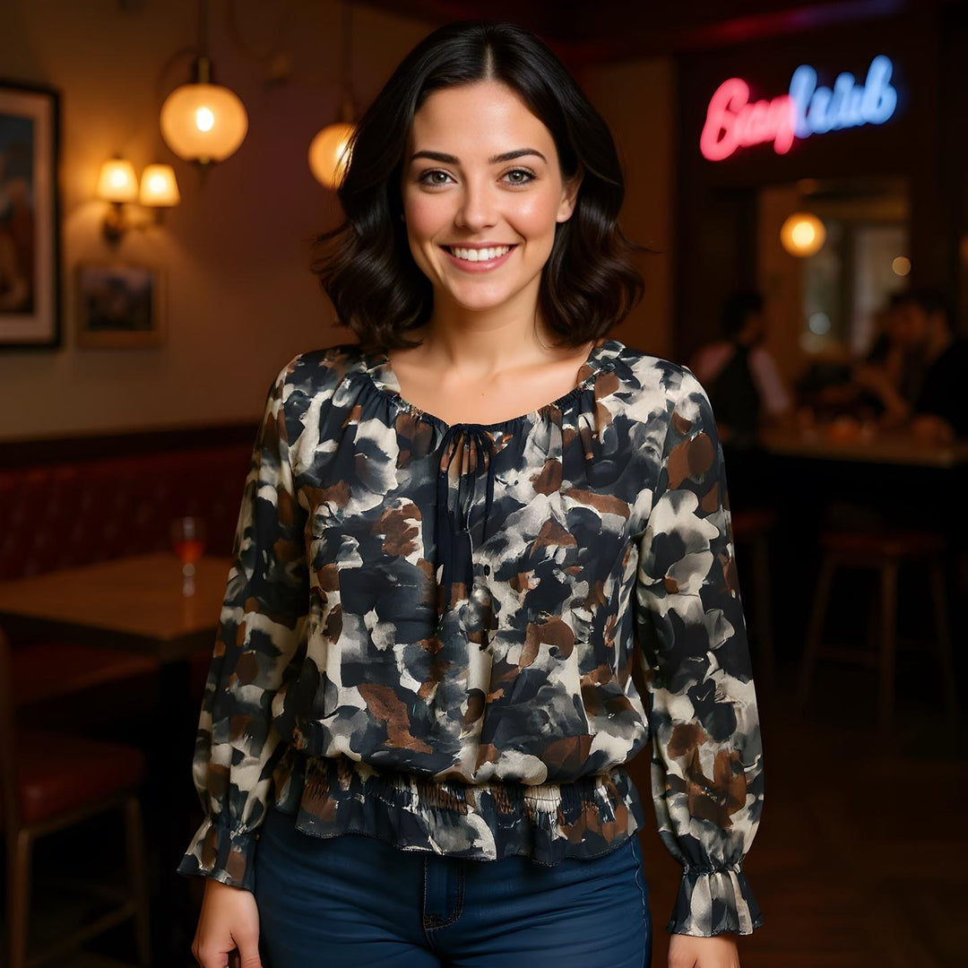 Abstract Floral Ruffle Bardot Blouse - jqwholesale.com