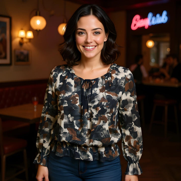 Abstract Floral Ruffle Bardot Blouse - jqwholesale.com