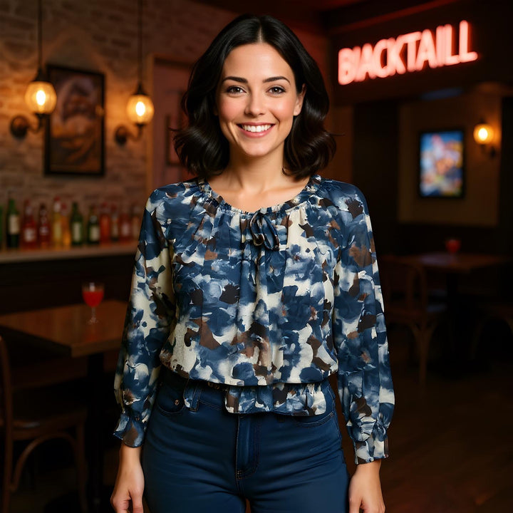 Abstract Floral Ruffle Bardot Blouse - jqwholesale.com