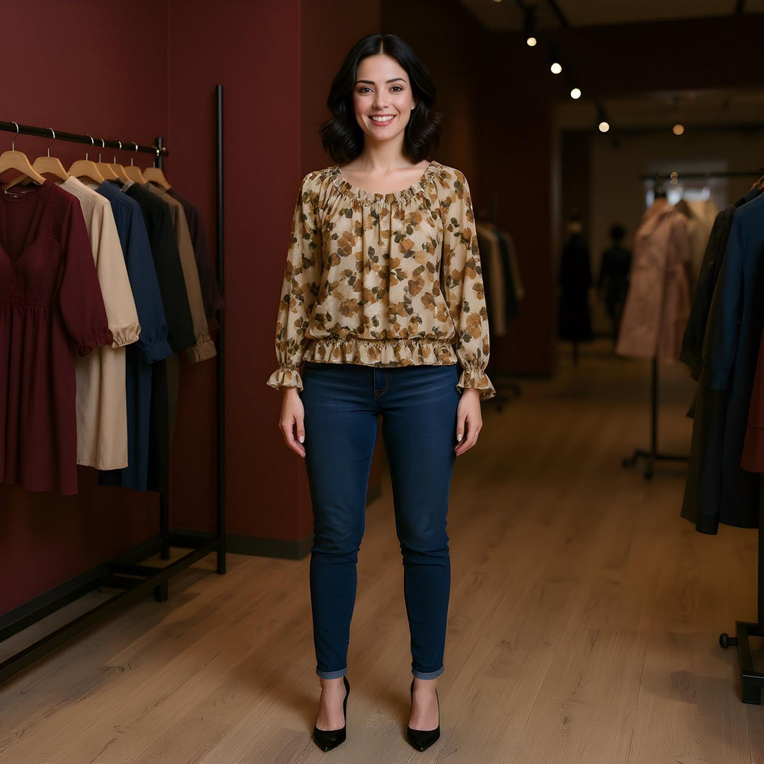 Contrast Leaf Ruffle Frill Bardot blouse