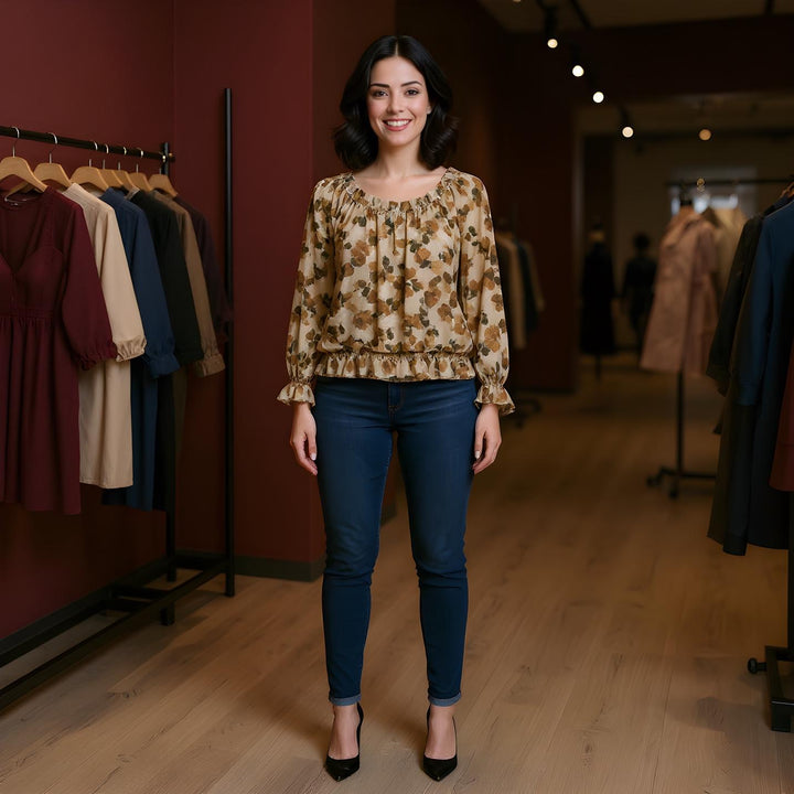 Contrast Leaf Ruffle Frill Bardot blouse