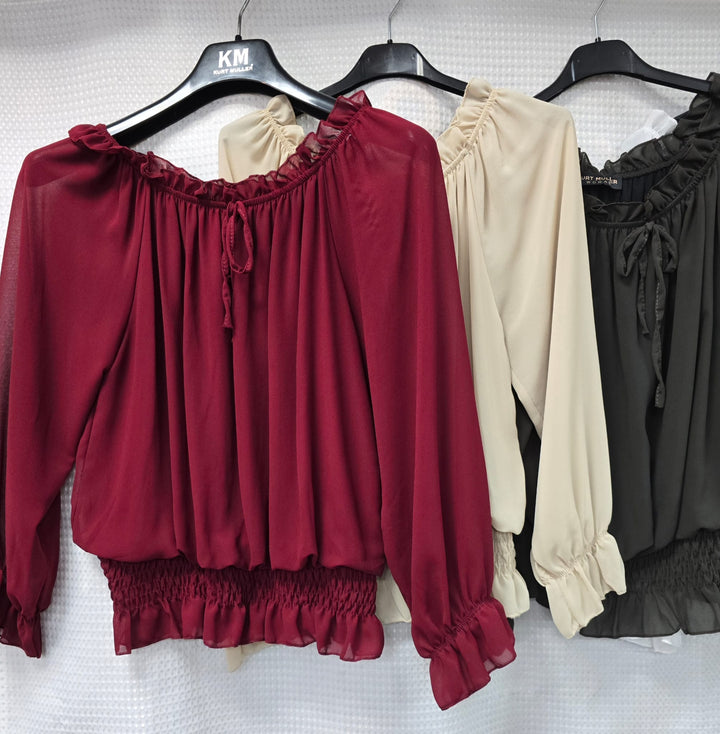 Plain Ruffle Bardot Blouse