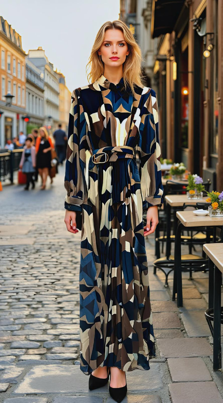 Vivian Belted Long Sleeve Plisse Maxi Dress