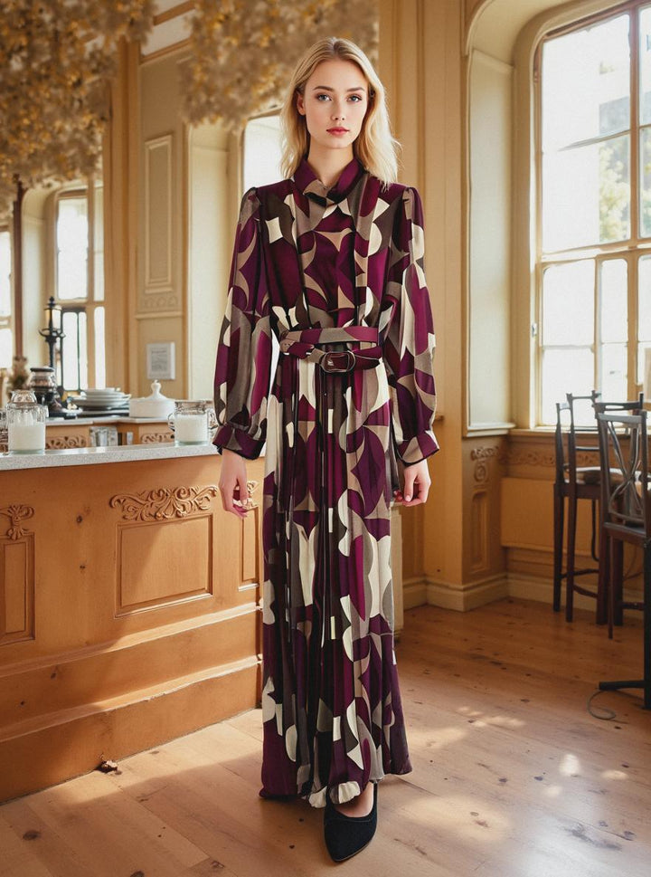 Vivian Belted Long Sleeve Plisse Maxi Dress