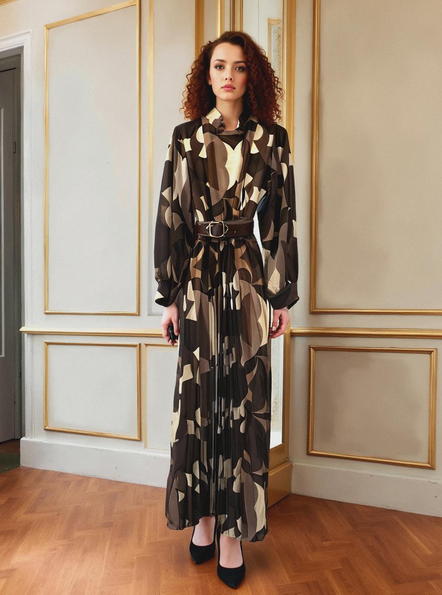 Vivian Belted Long Sleeve Plisse Maxi Dress