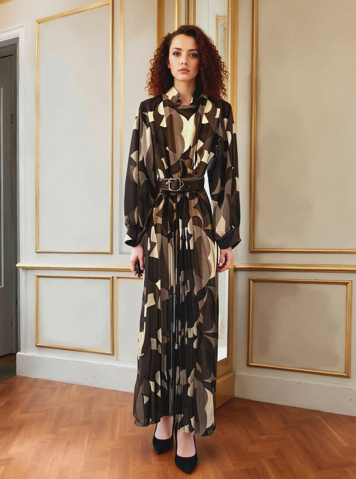 Vivian Belted Long Sleeve Plisse Maxi Dress