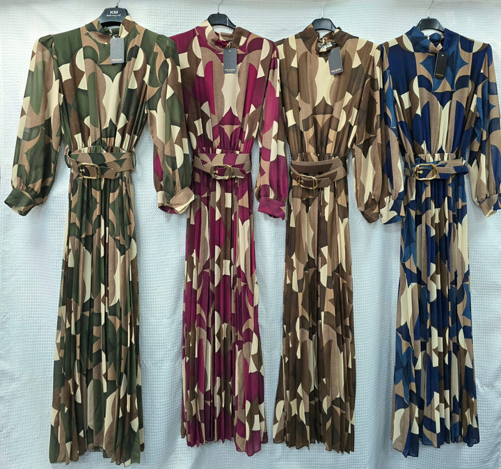 Vivian Belted Long Sleeve Plisse Maxi Dress
