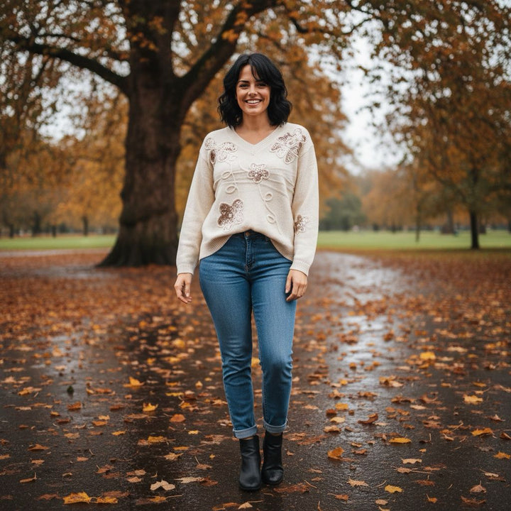 Sequin floral V Knit