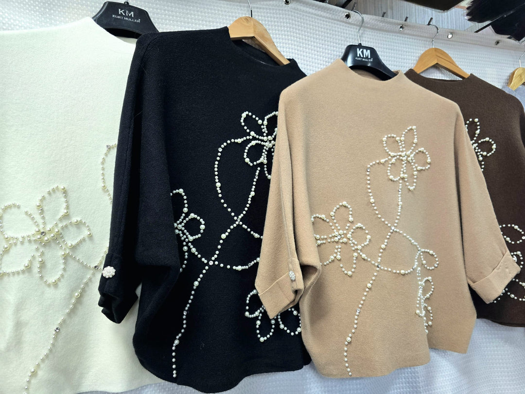 Floral Pearl Embellished Turtle Knit