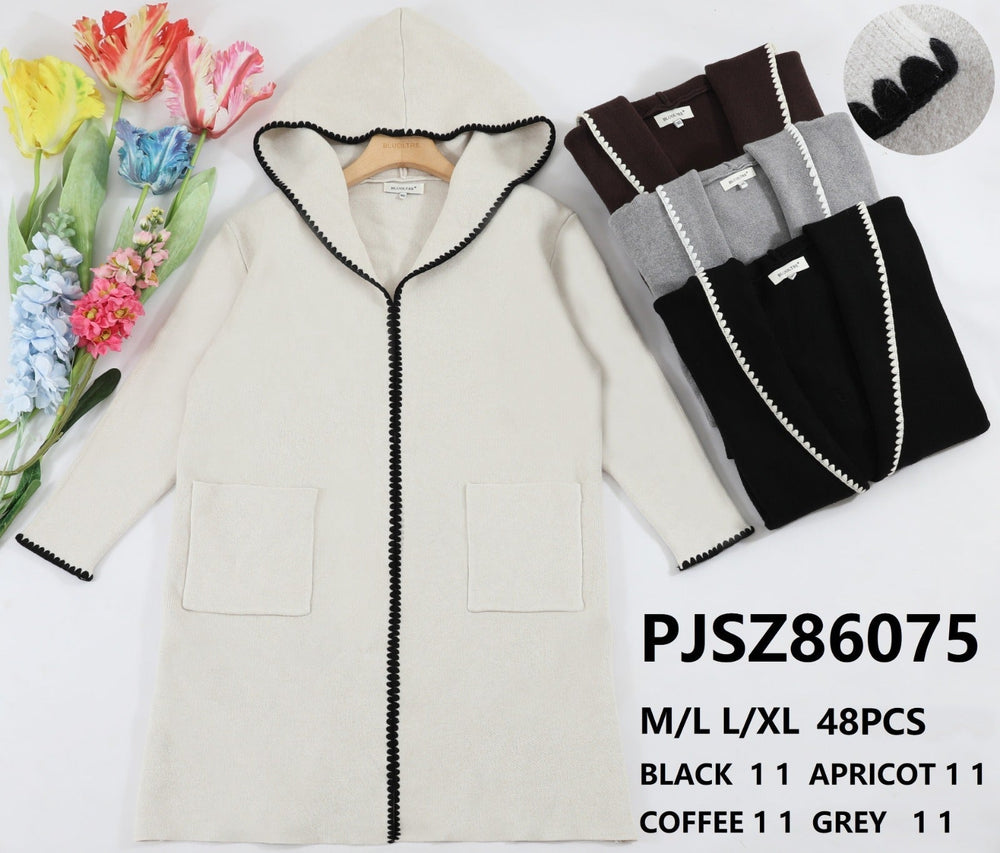 Hooded Contrast Trim 2 pocket Coatigan (2p.pack) - jqwholesale.com