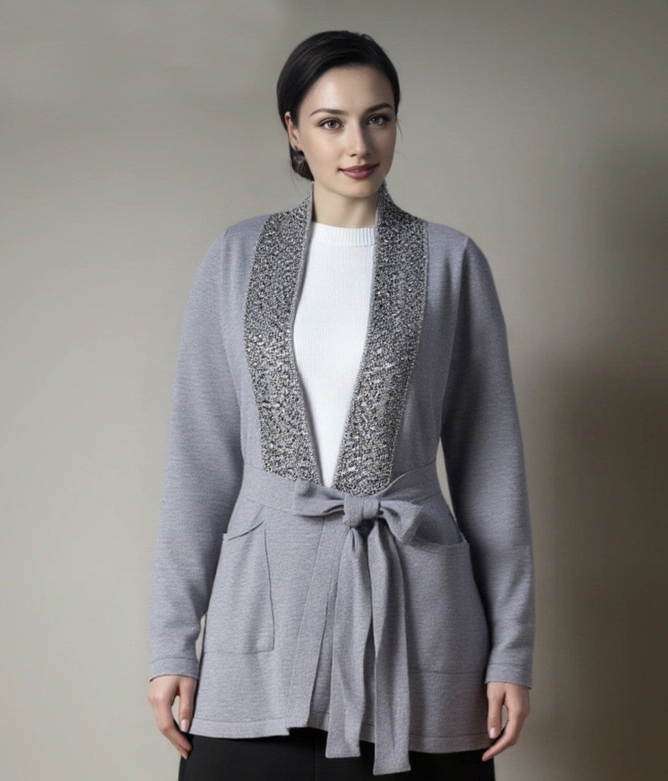 Diamante✨️Leopard Trim Belted Pocket Cardigan (2p.pack) - jqwholesale.com