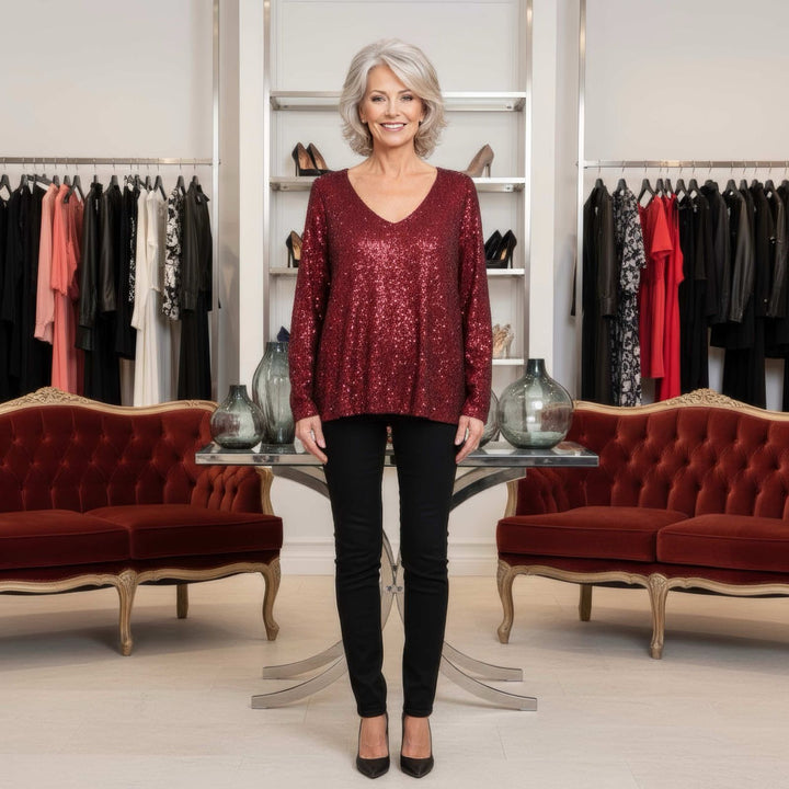 V Neck Sequin Lined Top - jqwholesale.com