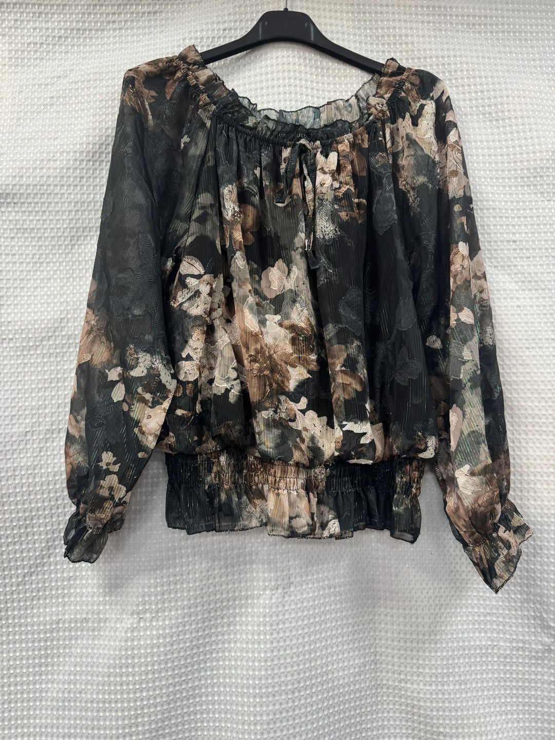 Floral Lurex Print Bardot Blouse - jqwholesale.com