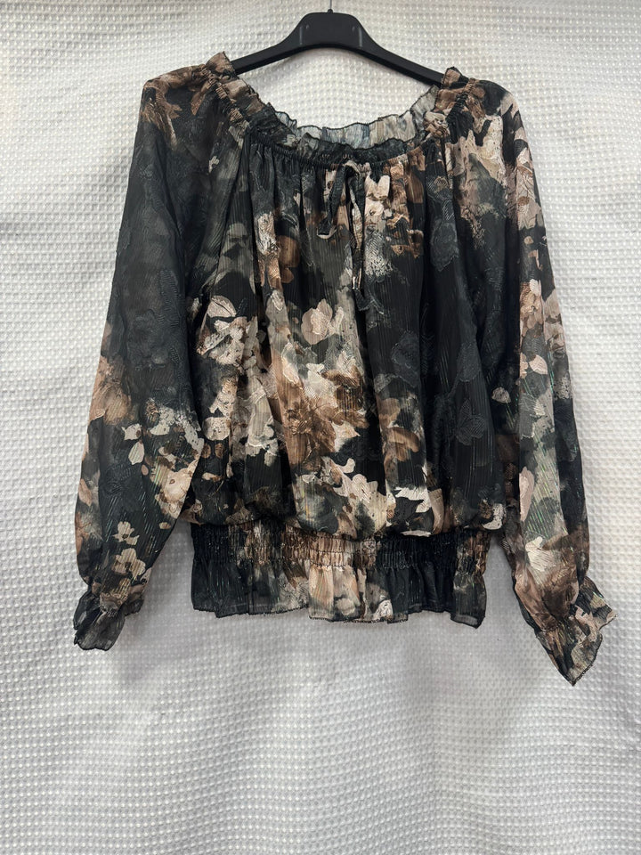 Floral Lurex Print Bardot Blouse - jqwholesale.com