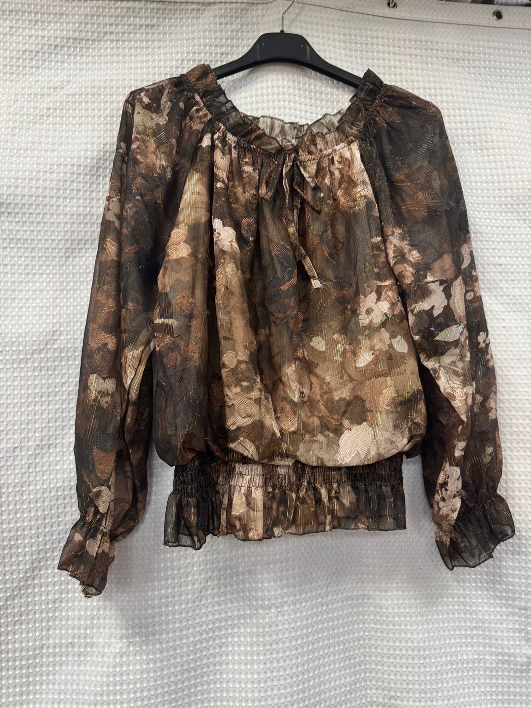 Floral Lurex Print Bardot Blouse - jqwholesale.com