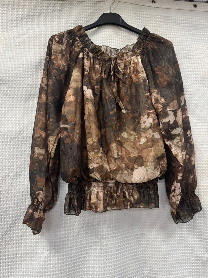 Floral Lurex Print Bardot Blouse - jqwholesale.com