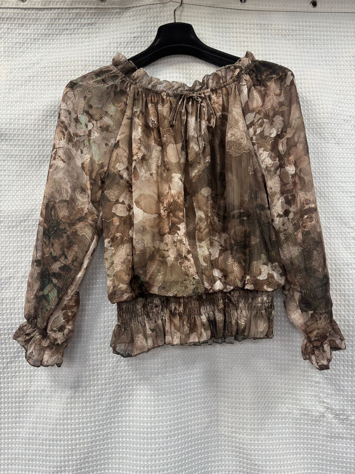 Floral Lurex Print Bardot Blouse - jqwholesale.com