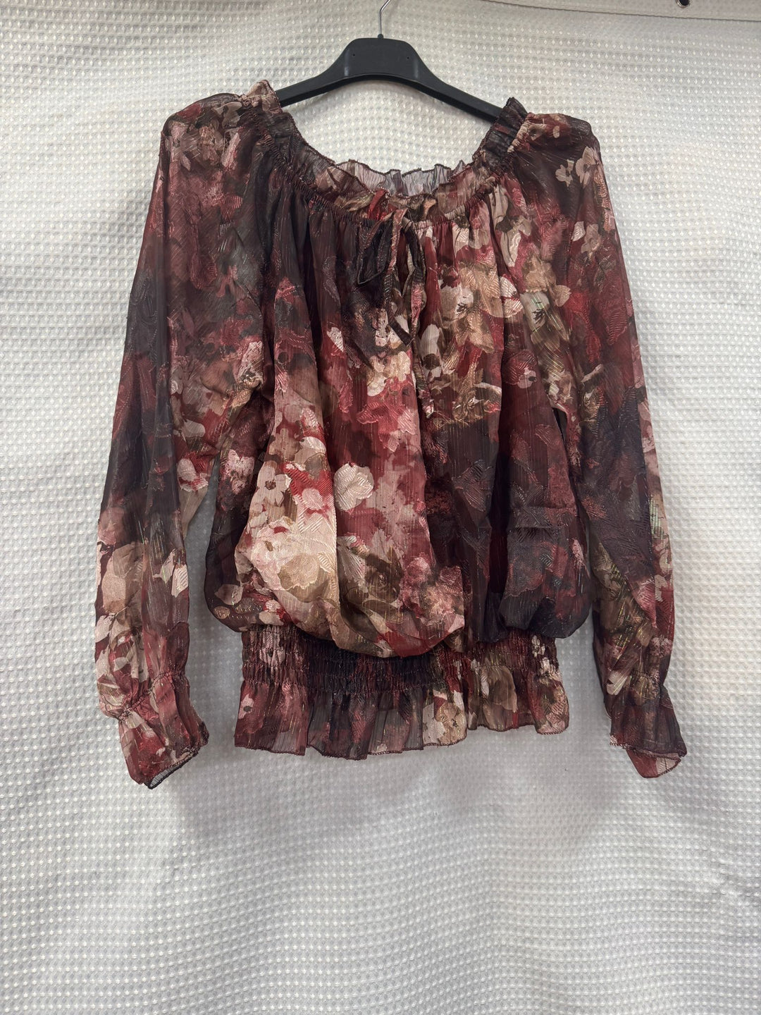 Floral Lurex Print Bardot Blouse - jqwholesale.com