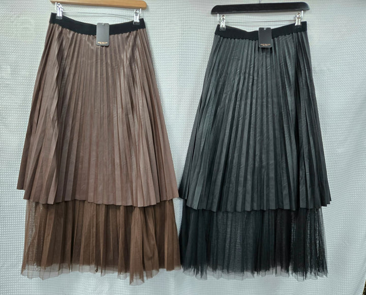 Leather Look Pleated Lace Midaxi Skirt - jqwholesale.com