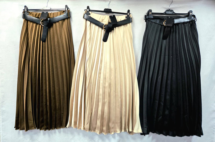 Sateen Pleated Belted Midaxi Skirt - jqwholesale.com