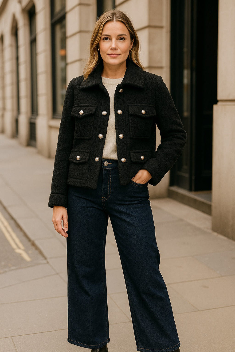 CH Pearl Button Boucle Cotton Wool Jacket - jqwholesale.com