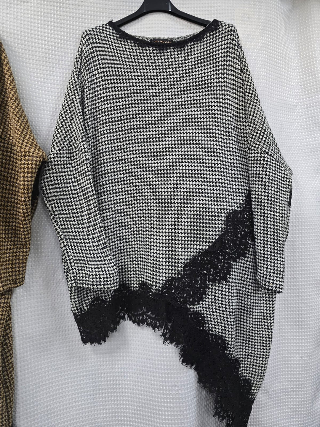 Check Asymmetric Lace Trim Tunic Top