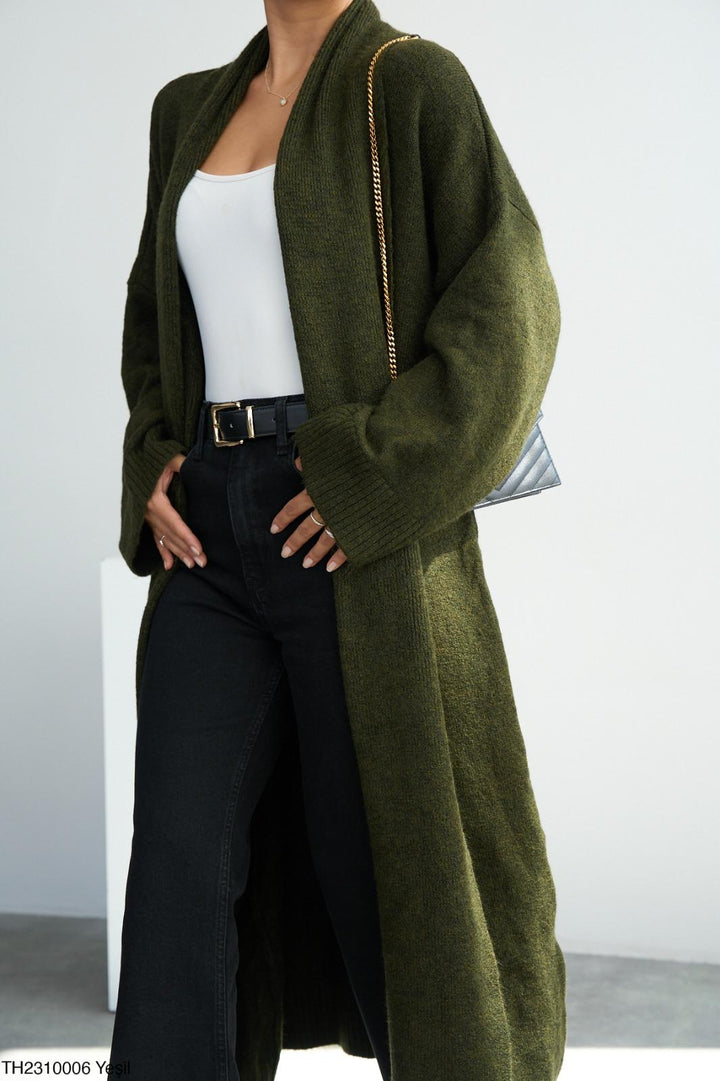Soft Knit Longline Open Cardigan - Dark Khaki