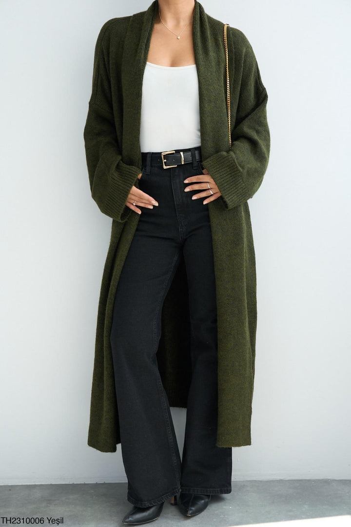 Soft Knit Longline Open Cardigan - Dark Khaki