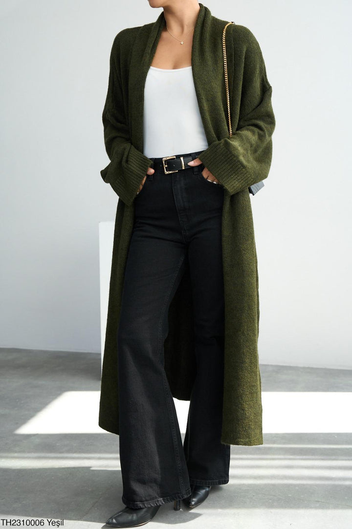 Soft Knit Longline Open Cardigan - Dark Khaki