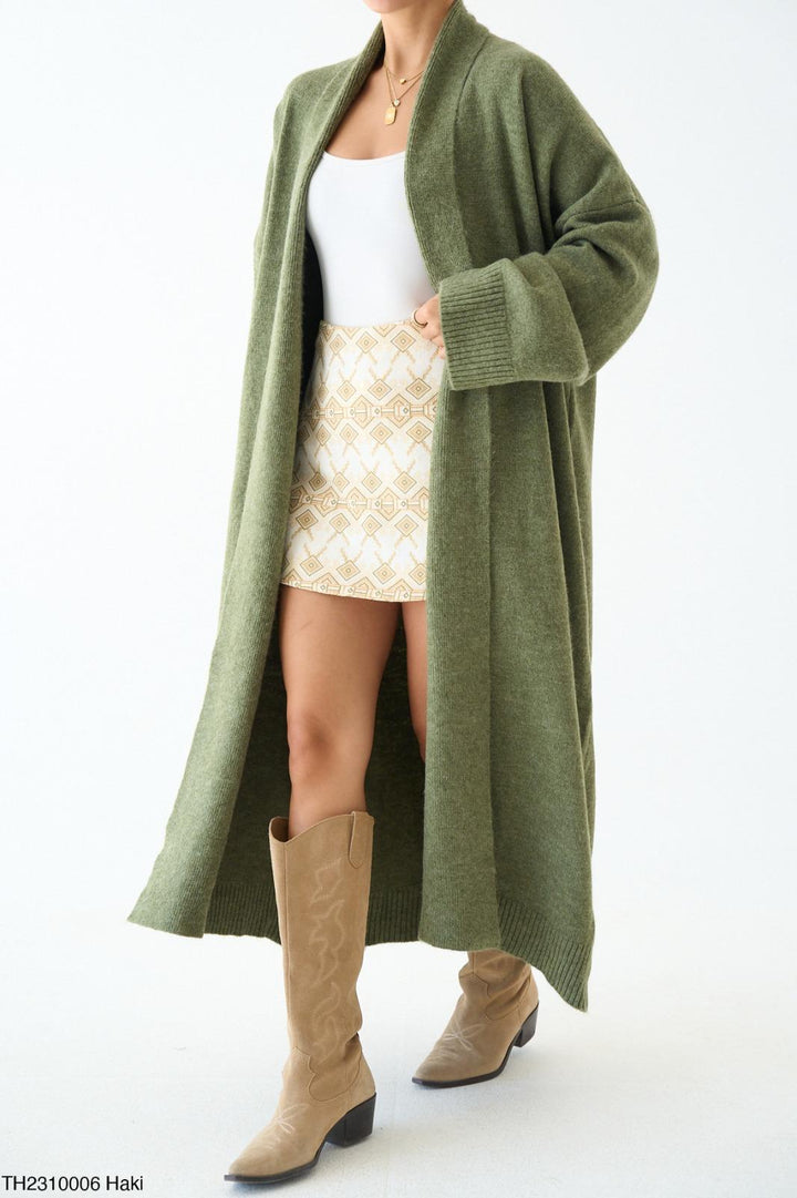 Soft Knit Longline Open Cardigan - Light Khaki
